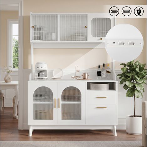 Buffet haut 120x40x178 cm en panneaux de bois blanc, avec rangement pour salle à manger FloraGrace (1/5)