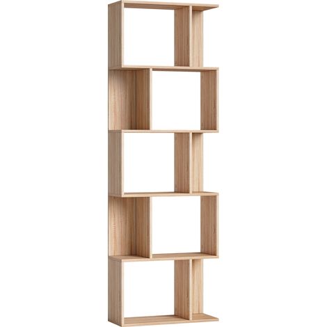 Bibliothèque 5 niveaux en forme de S, étagère de rangement design, 60 x 24 x 184,5 cm, finition bois clair (1/5)