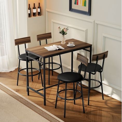 Ensemble table et chaises de bar 5 pièces, design industriel, bois et acier, marron HAVRYA (1/5)