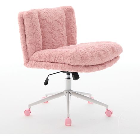 Chaise de bureau rose avec assise large 67 cm en tissu imitation alpaga et base métal, réglable et pivotante (1/5)