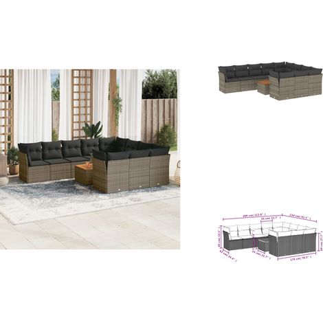 11-tlg. Garten-Sofagarnitur mit Kissen Grau Poly Rattan - Gartensortiment - Gartenmöbelset - Lounge Set - Esstischgarnitur - Rattan Möbel (1/3)