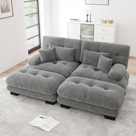 Canapé nuage d’angle pour salon,canapé double chenille avec 2 coussins lombaires et 2 décoratifs,accoudoirs larges et 2 poufs gris chenille