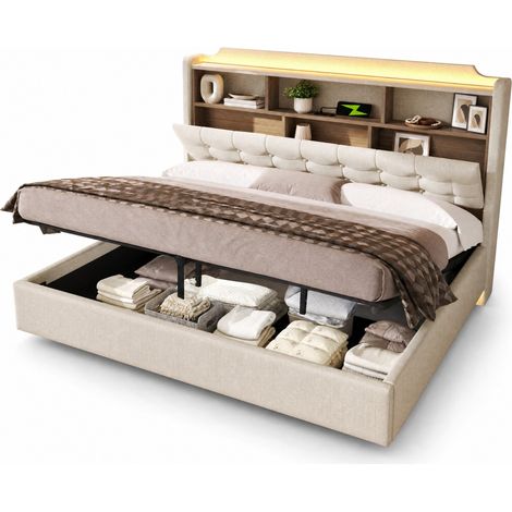 Letto Imbottito Letto Matrimoniale 180 x 200 cm con LED, USB e Type-C, Vano Idraulico, senza Materasso, Beige (1/5)