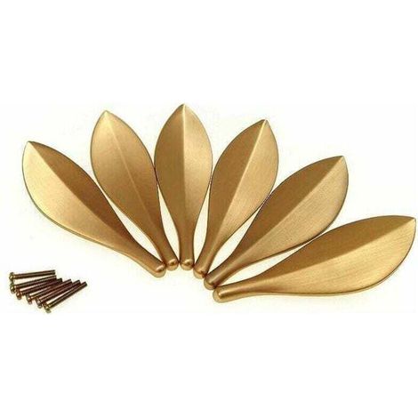 Set of 6 gold leaf-shaped cupboard door handles - Trendy art deco style, (1/4)