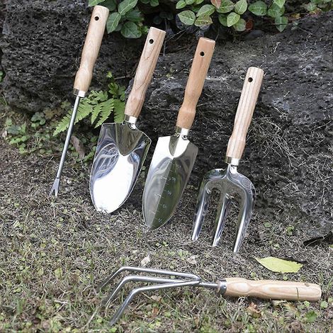 Spatule de jardinage/spatule à bonsaï en acier inoxydable (5 pièces) avec manche en bois (1/3)