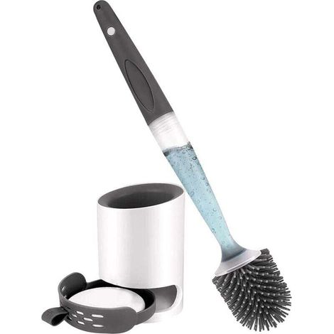 Brosse WC Silicone avec Distributeur de Savon Montage Mural ou Debout sans Percage Support pour Salle de Bain