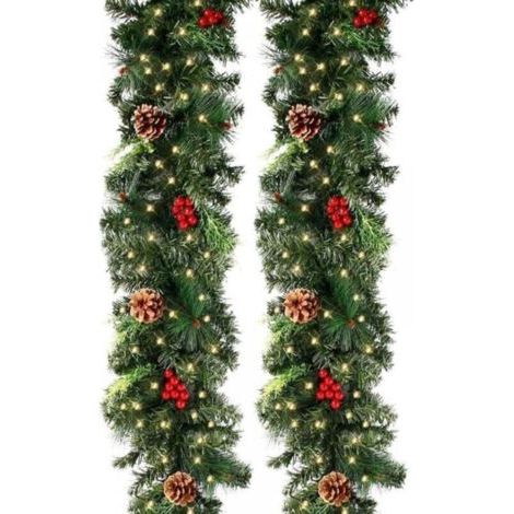 Guirlande sapin artificiel lumineuse 270 cm – 50 LEDs – 230 têtes – Pommes de pin et fruits rouges – Décoration Noël cheminée escalier (1/4)