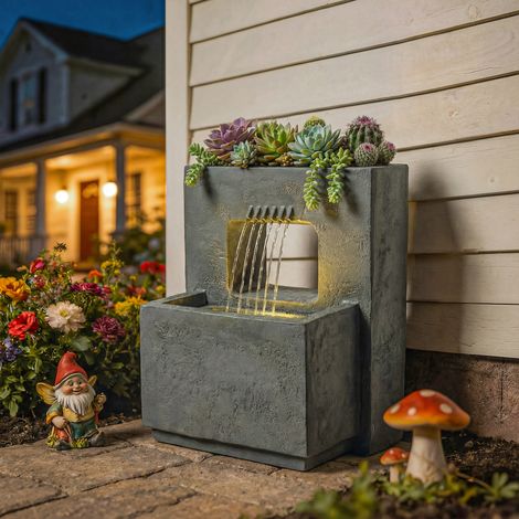 Fontaine jardin à deux étages éclairage LED pompe à jardinière aspect pierre Réglable - Dimensions: 45x31,5x58,5 cm