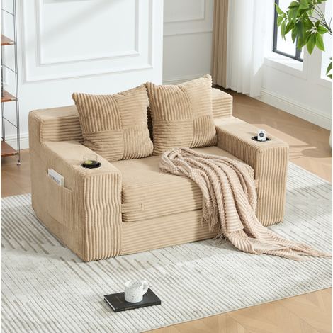 Modernes Doppel-Schlafsofa aus hellbeigem Cord mit 2 Kissen, Getränkehalter und Seitentasche (1/5)