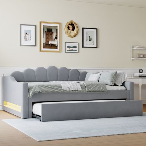 Cama nido tapizada de lino gris 140x200 cm con cama extraíble y LED, estructura de MDF y contrachapado (1/5)