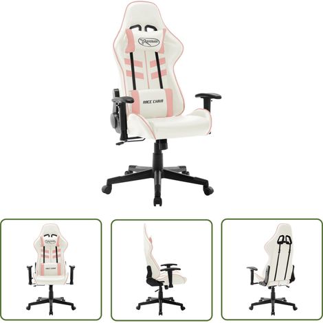 The Living Store Gaming-Stuhl Weiß und Rosa Kunstleder - Gaming Stuhl - Gamer Chair - Bürostuhl - PC Stuhl - Ergonomischer Stuhl (1/5)
