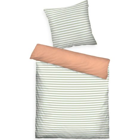 Linge de Lit, 65x100+160x210 cm, 100% Coton/Percale, Motif Réversible, Passepoil Coloré sur l'Oreiller et Fermeture Eclair, STRIPES WITH A KICK Vert Clair, Pêche (Green Leaf (1/5)