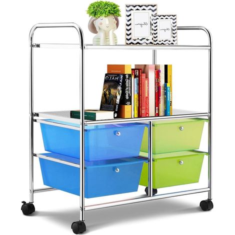 GOPLUS Chariot de Rangement 4 Tiroirs, 63 x 37 x 74,5 CM, Tour de Rangement à roues, Cadre en Acier, pour Chambre, Vert + Bleu
