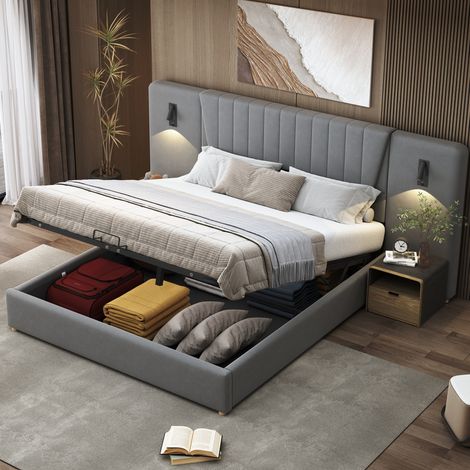 Lit rembourré moderne 180x200 cm velours gris, tête de lit extra longue, liseuses USB orientables, coffre hydraulique (1/5)