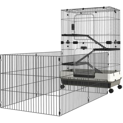Cage roulante petits animaux 3 plateformes démontables 3 rampes plateau inférieur amovible métal PP noir