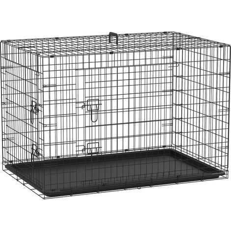 Faltbare Hundebox aus schwarzem Stahl, 121x77x82 cm, mit 2 abschließbaren Türen – robuste und sichere Transportbox für Haustiere.