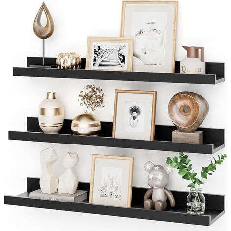 Lot de 3 étagères murales, flottantes, en Bois MDF, 60 cm, pour Cadres Photo et décorations, Design Industriel, Convient pour Bureau, Salon et Cuisine (Noir, 60 cm) (1/5)