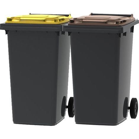 ESE France Lot de 2 Conteneurs Poubelles à déchets 2 roues - 240L - 100% Recyclé - Gris avec Couvercle Jaune et Marron - Fabriqué en France