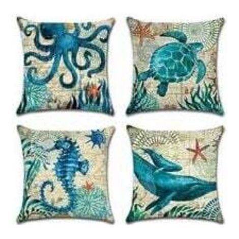 QORVA-Extérieur Housse De Coussin, Lot De 4 Imperméable La Vie Marine Bleue Motif Canapé Taie D'oreiller Pour Patio Jardin Salon Chambre Décoration, 45x45cm (1/4)