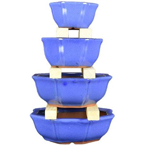 Vasi per bonsai ottagonali in gres smaltati blu (Set da n.4 pezzi) - G235