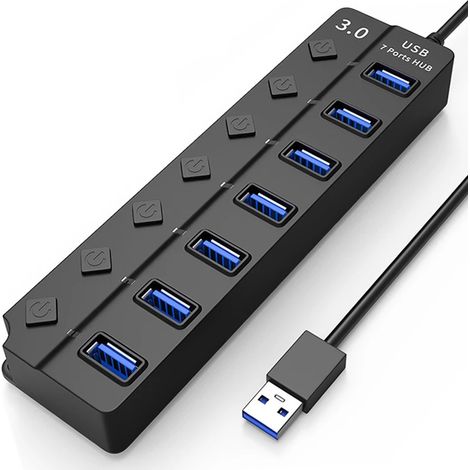 Aktiver USB 3.0-Hub – 7-Port-USB-Datenverteiler mit 1 intelligentem Ladeanschluss, separaten Ein-/Ausschaltern und Netzteil