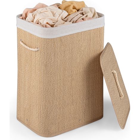 CASART Bamboo Laundry Hamper with Lid, 72 L Capacity Clothes Hamper w/ Removable Liner & Portable Handles, Interior Metal Frame, Rectangular Laundry Basket for Bedroom, Bathroom, Laundry Room (1/5)