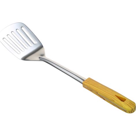 Espátula perforada de acero inoxidable con mango de madera: ideal para escurrir alimentos fritos y pasta. (1/5)