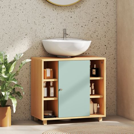 Meuble Sous Lavabo Salle de Bain  6 Étagères Ouvertes + Porte Fermeture Amortie  60x33x57 cm  Vert