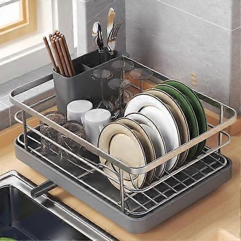 Égouttoir à vaisselle grande capacité, antidérapant, stable, avec égouttage automatique, facile à installer, gain de place, rouge. Idéal pour le plan de travail de la cuisine. (1/3)
