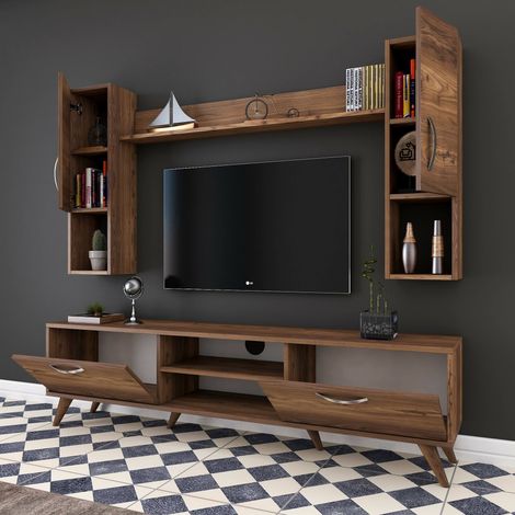 Pared Modular Tino, Mueble de Salón 9 Estantes, 4 Puertas, Set Combinable, Marrón Nogal (1/4)