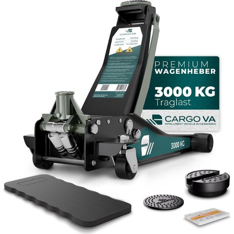 CargoVA Wagenheber 3T hydraulisch, Flacher Wagenheber mit 75-505mm Hubhöhe, Profi-Toolkit inkl. Kniematte & 2X Gummiauflagen, Ideal für SUV & tiefergelegte Autos, Rangierwagenheber Reifenwechsel (1/5)