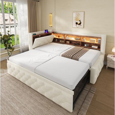 Sofá cama 211x91x84 cm de terciopelo beige con almacenaje para salón pequeño - MEUBLIV (1/5)