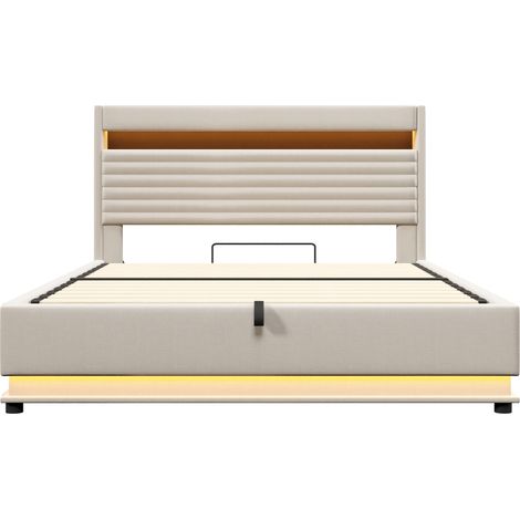 Cama baúl tapizada 180x200 cm beige en lino con LED, USB-C y almacenaje hidráulico (1/5)