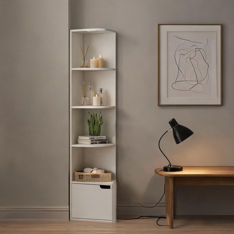 Étagère d'angle blanche en panneaux de particules avec 5 en bois (1/5)