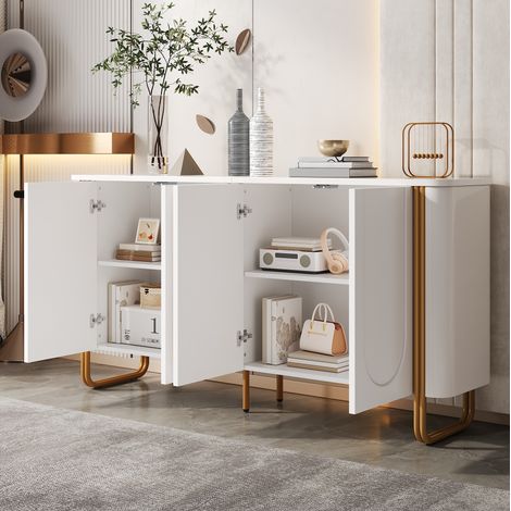 Sideboard 160x35x80.5 cm mit 4 Push to Open Türen, Bogenrelief, MDF, Weiß (1/5)