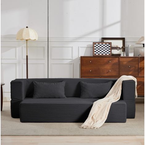 Divano letto 2 in 1 in velluto a coste grigio, modulare, senza montaggio, con cuscini,198x105x30 cm (1/5)
