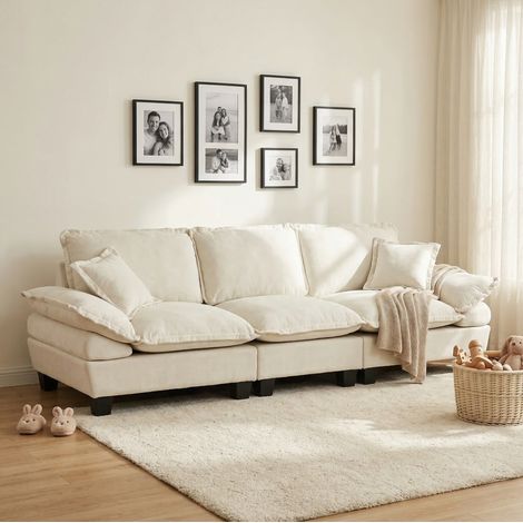 Divano 3 posti in ciniglia beige, braccioli arrotondati, 264 x 85 x 90 cm DESVIAE (1/5)