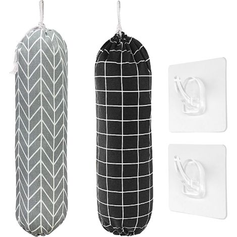 2 Organisateurs de Sacs Muraux - Coton et Lin - Système à Cordon avec Crochets - Rangement Cuisine et Buanderie - 23x55 cm Noir et Gris (1/5)