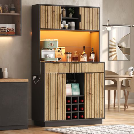 Buffet haut de cuisine 105x40x180 cm avec LED RGB, 2 prises, 2 USB, 3 tiroirs, casier à vin, porte-verres, étagères réglables, noir et bois naturel (1/5)