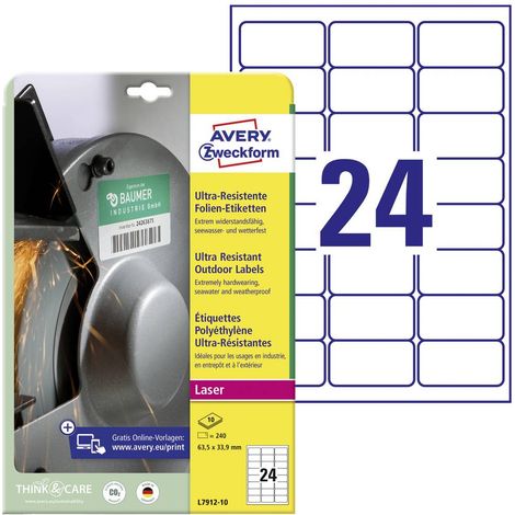Avery-Zweckform L7912-10 Etichetta a pellicola 63.5 x 33.9 mm Pellicola in polietilene Bianco 240 pz. A tenuta permanen (1/5)