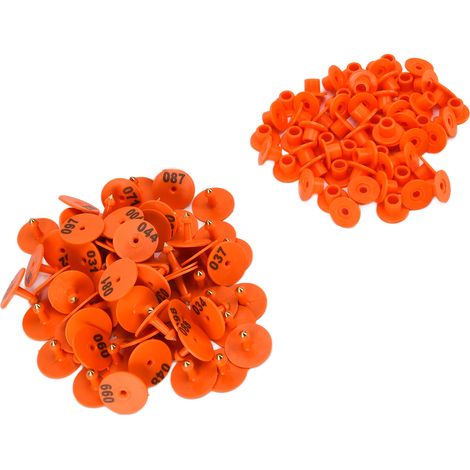 100 boucles auriculaires anti-chute pour bétail (porcs, renards, moutons), rondes et numérotées, orange. (1/5)