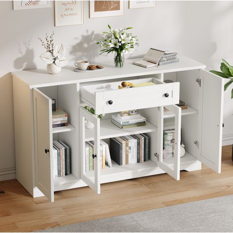 Aparador blanco 138 x 40 x 83 cm con 4 puertas, 2 vitrinas, 1 cajón y 6 compartimentos DESVIAE (1/5)