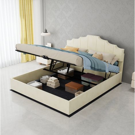 Cama canapé 160x200 cm de tela y metal beige con cabecero acolchado, sin colchón – MEUBLIV (1/5)