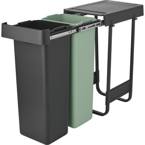Brabantia Abfallsammler Einbau Unterschrank Sort & Go 2 Abfalleimer je 30 Liter, Kunststoff grau/grün