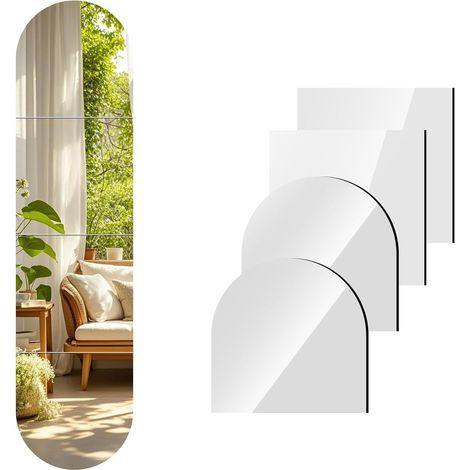 Miroir mural pleine longueur, 12 x 12 pouces x 4 pièces, miroir arqué pleine longueur, verre autocollant sans cadre, miroirs complets pour décoration de salon, entrée, chambre, salon (1/5)