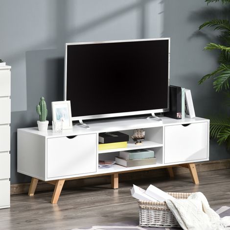 Meuble TV Banc TV sur Pied Moderne Scandinave 2 Portes 2 niches en Bois Blanc 150L x 39l x 50H cm