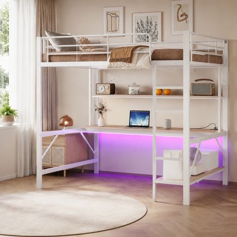 Cama alta infantil 140x200 cm con escritorio, estantería, escalera, barandilla, LED ambiental, enchufe y USB, estructura de metal y MDF, blanca, para estudiar y guardar  CHICFURN (1/5)