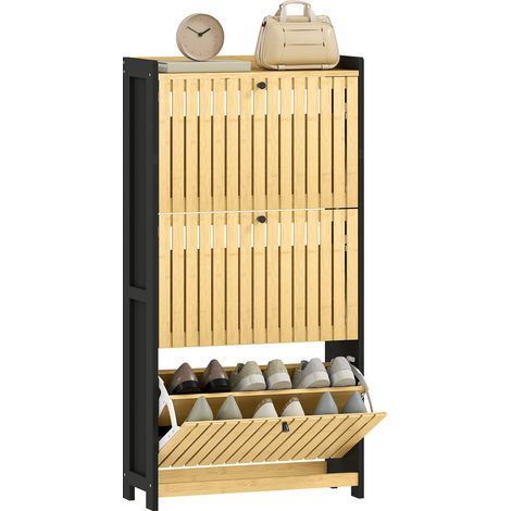 Schuhaufbewahrung für 18 Paar Schuhe mit 3 Klappschubladen, Lattenrost aus Bambus, Maße 60 x 24 x 118 cm, Farbe: Schwarz und Naturholz