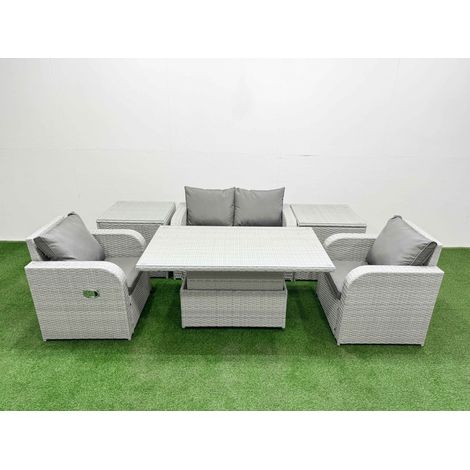 Fimous Light Grey PE Wicker Rattan Garden Furniture Set Sofa Set Reclining Chair Adjustable Lifting Dining or Coffee Table 4 Seater With 2 Side Table (1/4)