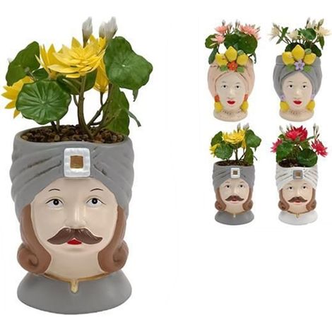 TrAdE Shop Traesio - Vaso Di Fiori Forma Di Testa Moro Statuetta Decorativa Con Pianta Grassa 23cm 4ass. 660560 - (1/3)